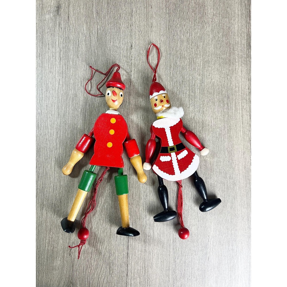 Set Of 2 Wooden Pull Toy Vintage Pinocchio & Santa Ornaments Italy jumping jack